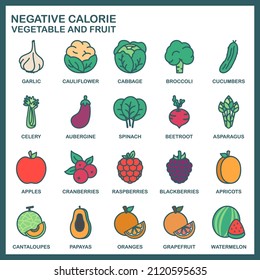 Set of negative calorie vegetables and fruits, filled outline icon