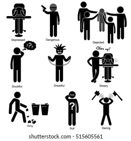 Set of Negative Character Personalities Beginning with Letter D. Stick Figure Pictogram Icon Vector