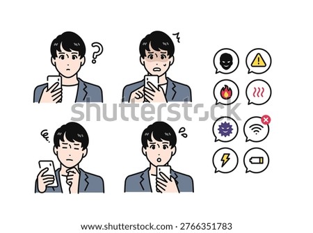 A set of negative facial expressions for a young man in business casual attire holding a smartphone.