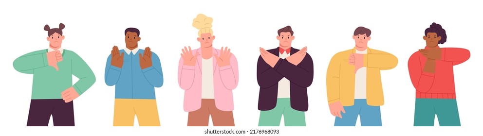 Set of negative gestures. Finger language, non verbal communication. Diverse people disagree. Rejection signs. Sign language, emotions expression. Vector illustration
