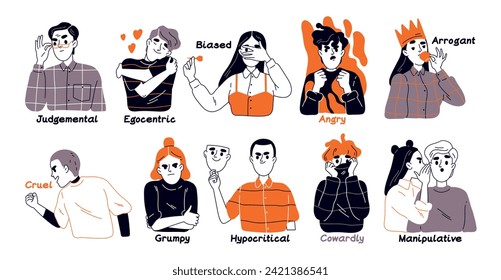 Conjunto de rasgos de personalidad negativos. Egocéntrico, manipulador, agresivo, enojado, hipócrita, hombre y mujer juicioso. sesgado y gruñón. Esbozar ilustración vectorial plana aislada en fondo blanco