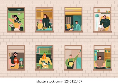 Set of neighbors during various activity in windows of house on brick wall background vector illustration