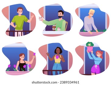 Set of neighbors interacting with each other through windows, flat vector illustration isolated on white background. Happy men and women standing on balconies and chatting with neighbors.