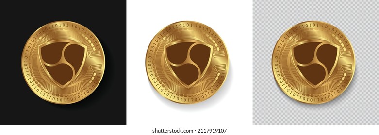 Set of NEM (XEM) cryptocurrency logo in golden coins vector illustration isolated in white, dark and transparent background. Can be used as crypto label,sticker, icon, badge, emblem and print design.