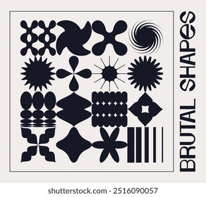 Set of neo brutalism geometric shapes. Brutalist futuristic, Memphis pattern background. Collection of black brutalism, geometric abstract flat shapes. Modern vector design for cards, invitation