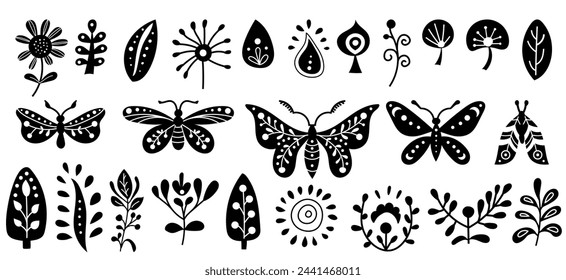 Set neo folk elements with butterfly, moth and flowers, black and white floral design