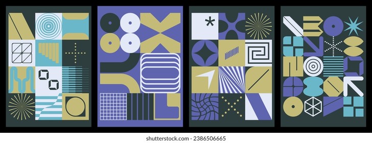 Set of neo geometric patterns with brutalist shapes. Modern, minimalist figures and symbols. Abstract flat vector illustrations for background, poster, cover, branding or web.