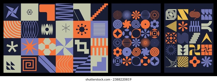 Set of neo geometric patterns with brutalist shapes. Modern, minimalist figures and symbols. Abstract flat vector illustrations for background, poster, cover, branding or web.