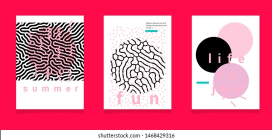 Set of neo memphis covers with geometric organic shapes in punchy pastel juicy tones, millennial pink and purist blue trendy colors. Vaporwave and retrowave aesthetics of 80s.