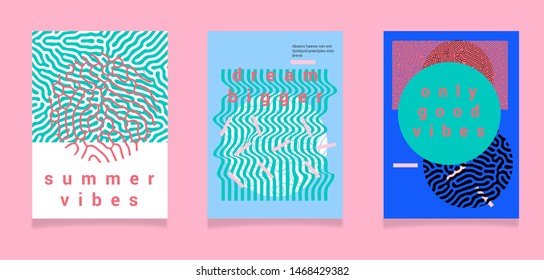 Set of neo memphis covers with geometric organic shapes in punchy pastel juicy tones, millennial pink and purist blue trendy colors. Vaporwave and retrowave aesthetics of 80s.