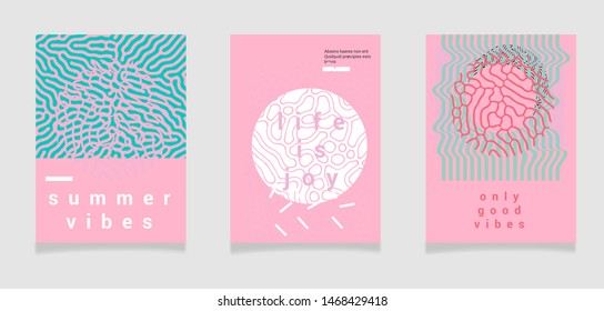 Set of neo memphis covers with geometric organic shapes in punchy pastel juicy tones, millennial pink and purist blue trendy colors. Vaporwave and retrowave aesthetics of 80s.