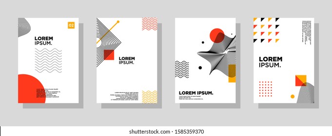 Set of neo memphis geometric style covers. Collection of cool bright covers. Abstract aesthetic line linear shapes compositions Vector.