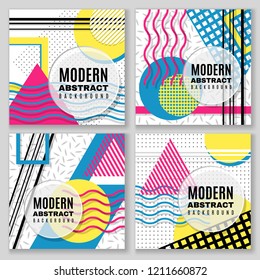 Set of neo memphis style covers. Collection of cool bright covers. Abstract shapes compositions. Vector.