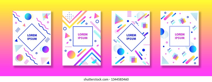 Set of neo memphis style covers. Collection of cool bright covers. Abstract geometric art for covers, banners, flyers and posters. Vector.