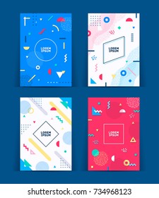 Set of neo memphis style covers. Collection of cool bright covers. Abstract shapes compositions. Vector.