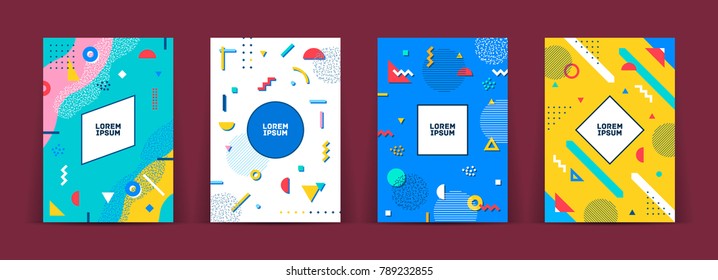 Set of neo memphis style covers. Collection of cool bright covers. Abstract shapes compositions. Vector.