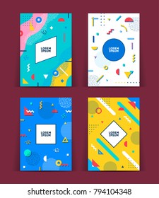 Set of neo memphis style covers. Collection of cool bright covers. Abstract shapes compositions. Vector.