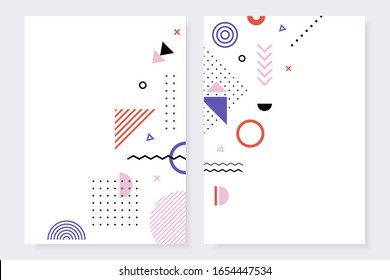 Set of neo memphis style posters. Trendy design template collection of bright covers. Abstract geometric shapes compositions. Vector illustration.