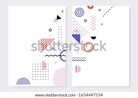 Set of neo memphis style posters. Trendy design template collection of bright covers. Abstract geometric shapes compositions. Vector illustration.