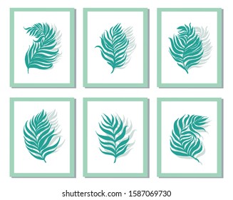 Set of neo mint frames with prints green palm leaves dypsis on white background. Beautiful and stylish composition. Abstract leaves posters, printed greeting cards, t-shirt design