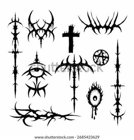 Set of Neo tribal cyber gothic abstract symbol element, burning cross, vector design for tattoo ideas, metal merch, or dark aesthetics streetwear print apparel