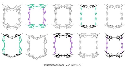 Set Neo tribal decorative frame with sharp symmetrical design for edgy layouts. Ideal for tattoos, posters, identity art, branding accents, and cultural design decoration elements