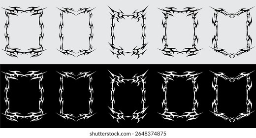Set Neo tribal decorative frame with sharp symmetrical design for edgy layouts. Ideal for tattoos, posters, identity art, branding accents, and cultural design decoration elements