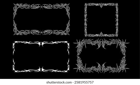 Set of Neo tribal frames, cyber gothic style symmetrical shape, futuristic y2k abstract borders. Cyber sigilism vintage vector design elements isolated