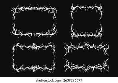 Set of Neo tribal frames, cyber gothic style symmetrical shape, dark abstract borders. Cyber sigilism vintage vector design elements isolated