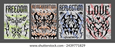 Set Of Neo Tribal Posters. Cyber Sigilism Tattoo Shape Placards. Cool Metal Album Covers. Grunge Textured Backgrounds.