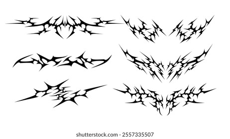 Set of neo tribal sigilism symmetrical shapes. Cyber ​​Gothic Element vector design pattern in Abstract black and White colors