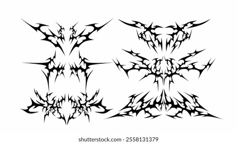 Set of neo tribal sigilism symmetrical shapes. Cyber ​​Gothic Element vector design pattern in Abstract black isolated on White background