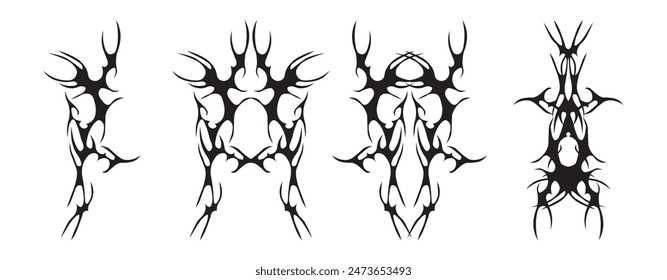 Set of neo tribal tattoo. Abstract ethnic shapes in gothic style. Individual designer elements for decorating. Vector illustration