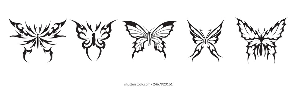 Set of neo tribal tattoo butterfly. Abstract ethnic shapes in gothic style. Individual designer elements for decorating. Vector illustration