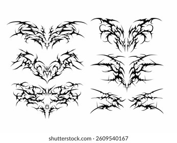 Set of neo tribal Tattoo. cyber sigilism symmetrical shapes. Cyber ​​Gothic Element streetwear vector design pattern in Abstract black isolated on White background