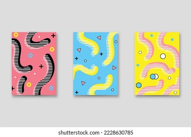 Set of neo-Memphis style covers. Collection of cool bright covers. Abstract shapes compositions. Vector.