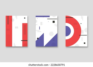 Set of neo-Memphis style covers. Collection of cool bright covers. Abstract shapes compositions. Vector.