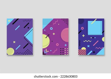 Set of neo-Memphis style covers. Collection of cool bright covers. Abstract shapes compositions. Vector.