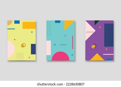 Set of neo-Memphis style covers. Collection of cool bright covers. Abstract shapes compositions. Vector.