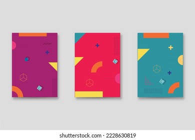 Set of neo-Memphis style covers. Collection of cool bright covers. Abstract shapes compositions. Vector.