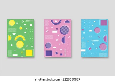 Un conjunto de portadas de estilo neo-Memphis. Colección de cubiertas brillantes frescas. Composiciones abstractas de las formas. Vector.