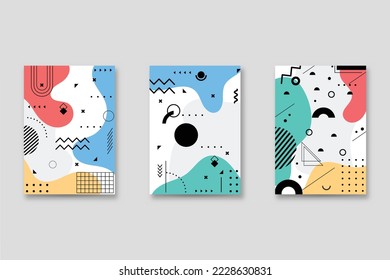 Set of neo-Memphis style covers. Collection of cool bright covers. Abstract shapes compositions. Vector.