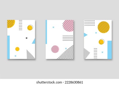 Set of neo-Memphis style covers. Collection of cool bright covers. Abstract shapes compositions. Vector.