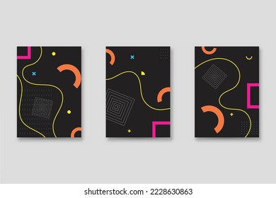 Set of neo-Memphis style covers. Collection of cool bright covers. Abstract shapes compositions. Vector.