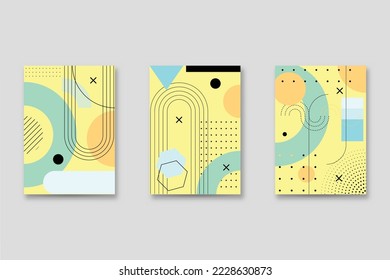 Set of neo-Memphis style covers. Collection of cool bright covers. Abstract shapes compositions. Vector.