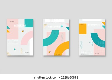 Set of neo-Memphis style covers. Collection of cool bright covers. Abstract shapes compositions. Vector.