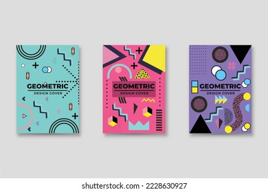 Set of neo-Memphis style covers. Collection of cool bright covers. Abstract shapes compositions. Vector.