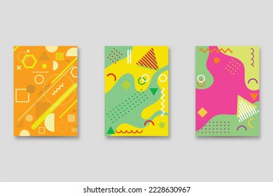 Set of neo-Memphis style covers. Collection of cool bright covers. Abstract shapes compositions. Vector.