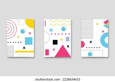 Set of neo-Memphis style covers. Collection of cool bright covers. Abstract shapes compositions. Vector.