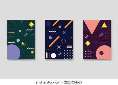 Un conjunto de portadas de estilo neo-Memphis. Colección de cubiertas brillantes frescas. Composiciones abstractas de las formas. Vector.